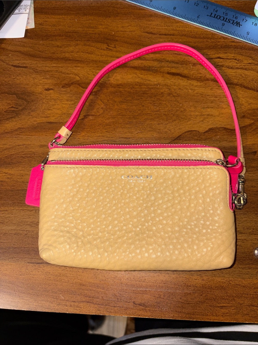 Coach Tan Pebble Leather Double Zip Wristlet with Pink Trim